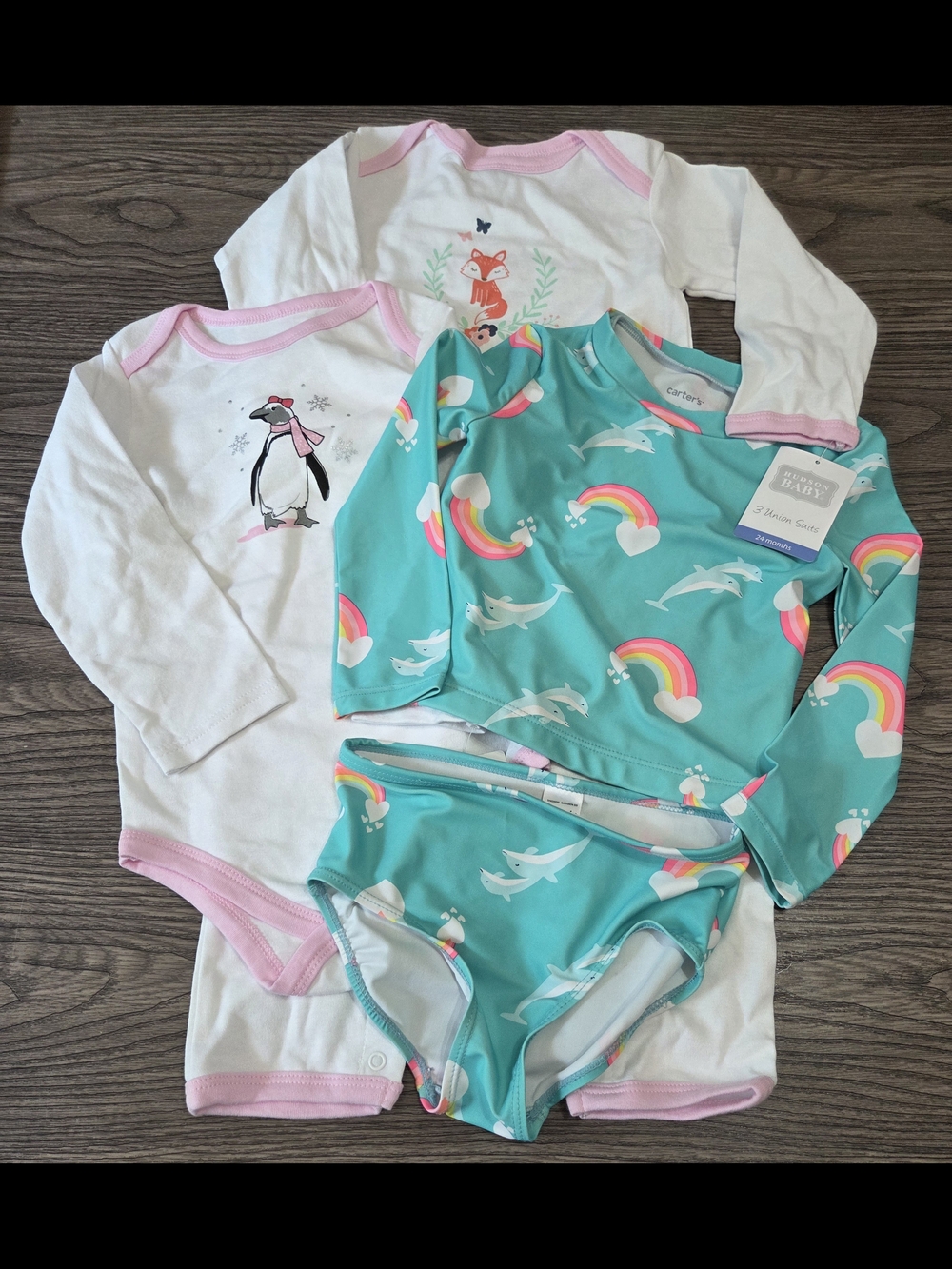 Carter's Teal Rainbow Dolphin Rash Guard Set with White & Pink Bodysuits